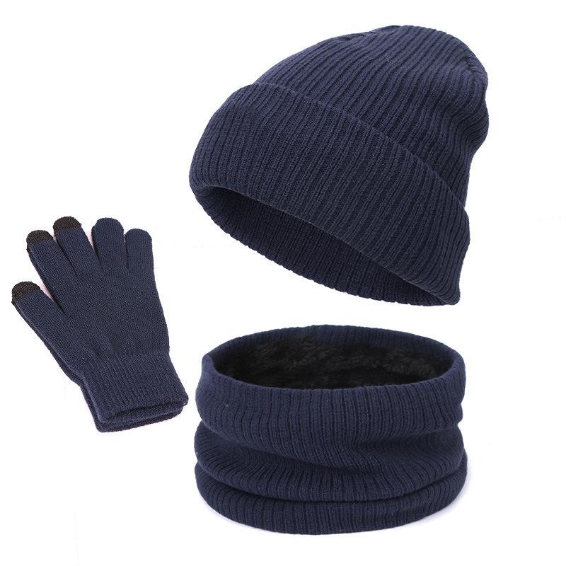 Men's and Women's Knit Pullover Hat Set: Autumn/Winter Velvet-Lined Warm Hat, Scarf, Gloves