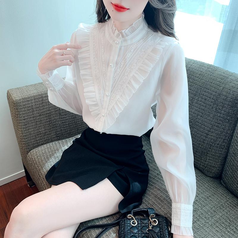New 2024 Fashion Autumn Long Sleeve Stand Collar Casual Lace Ruffles White Chiffon Blouse Shirt Women Tops Blouses Shirts J515