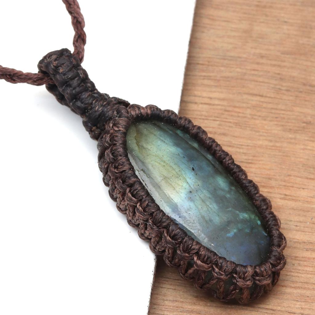 Macrame Necklace Labradorite Pendant Natural Handmade Stone Crystal Bohemian