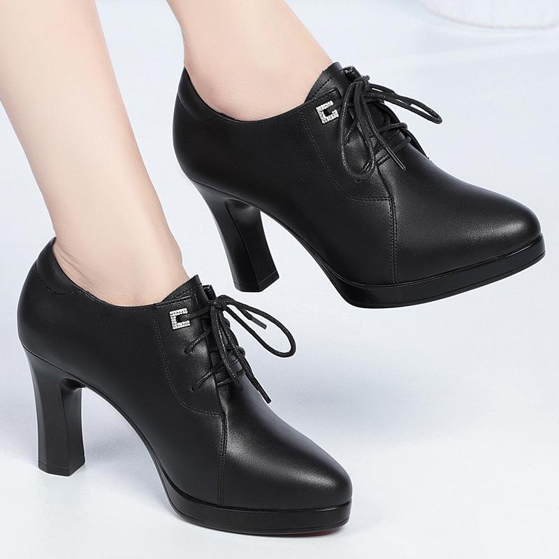 Thick Bottom Soft Leather Oxford Shoes British Lace Up Women Platform Pumps 2025 Deep Mouth Block High Heels Shoes Office Mom