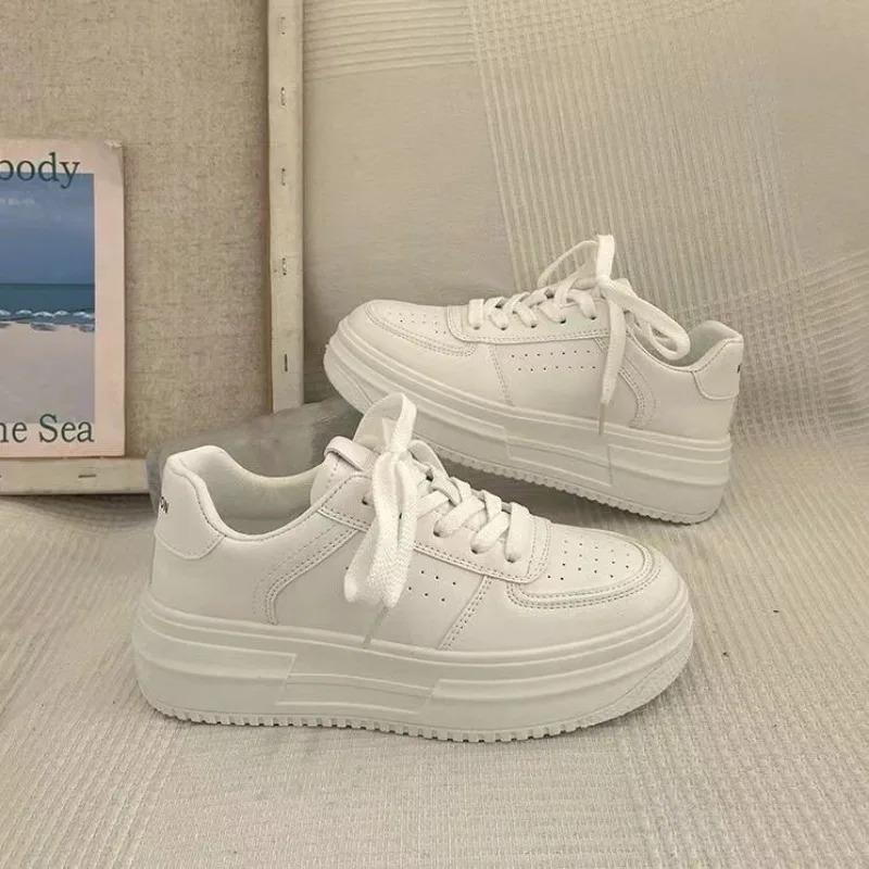 Breathable White Shoes Women 2024 Spring Casual Sports Thick Bottom Shoes Higher Running Board Leather Platform Sneakers Ladies