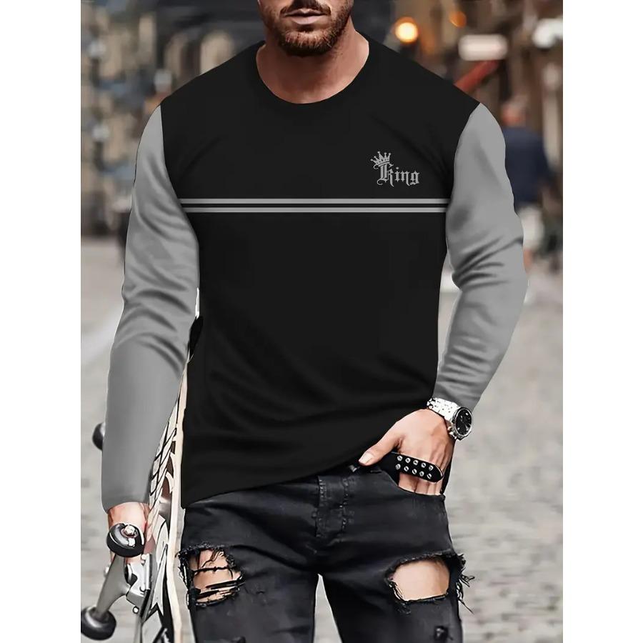 All-Season Men's Crew Neck T-Shirt - Stylish Color Block, Long Sleeves, Durable & Easy-Care Fabric