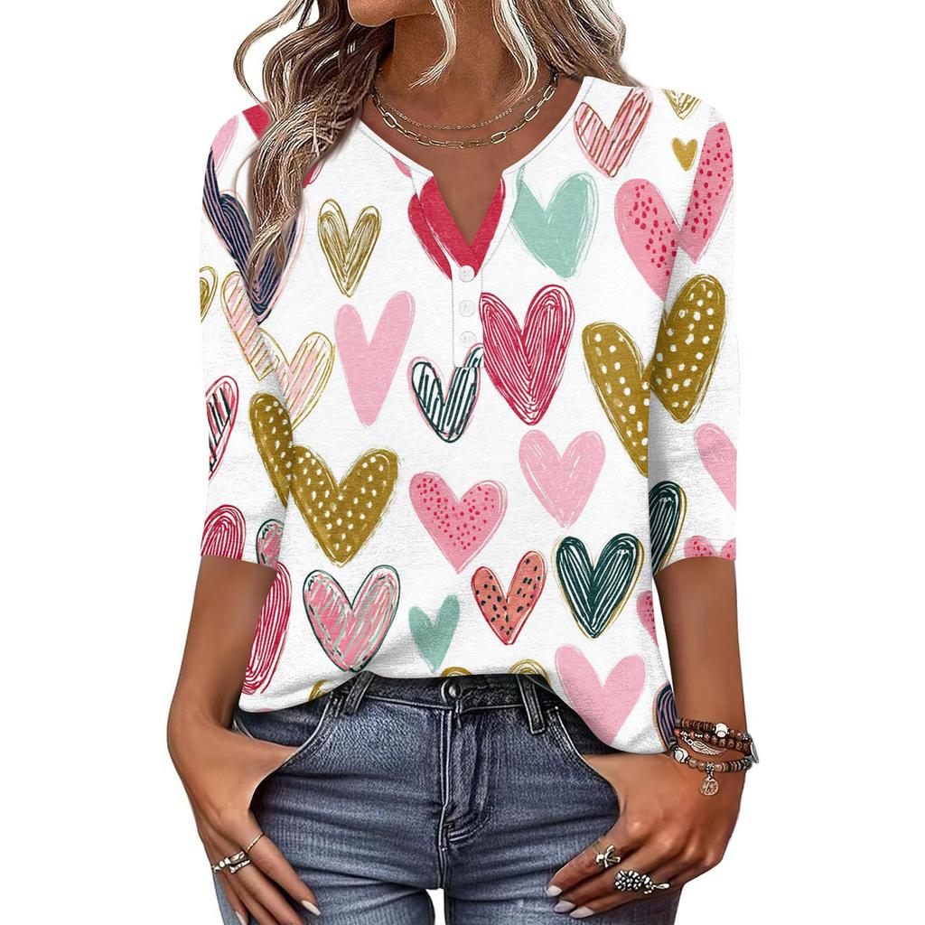 Жен. Футболка С принтом Пуговицы Рукав 3/4 Повседневные Выходные Мода Классический Классический V-образный вырез Обычный Верх