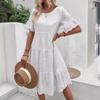 Summer Women Dress Hollow Out Pleated A-line O Neck Short Horn Sleeves Midi Dress Patchwork Solid Color Big Swing Lady Dress