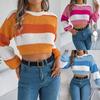 Women Knit Tunic Jumpers Crew Neck Lantern Long Sleeve Crop Pullover Striped Sweater Loose Warm Sweatshirt