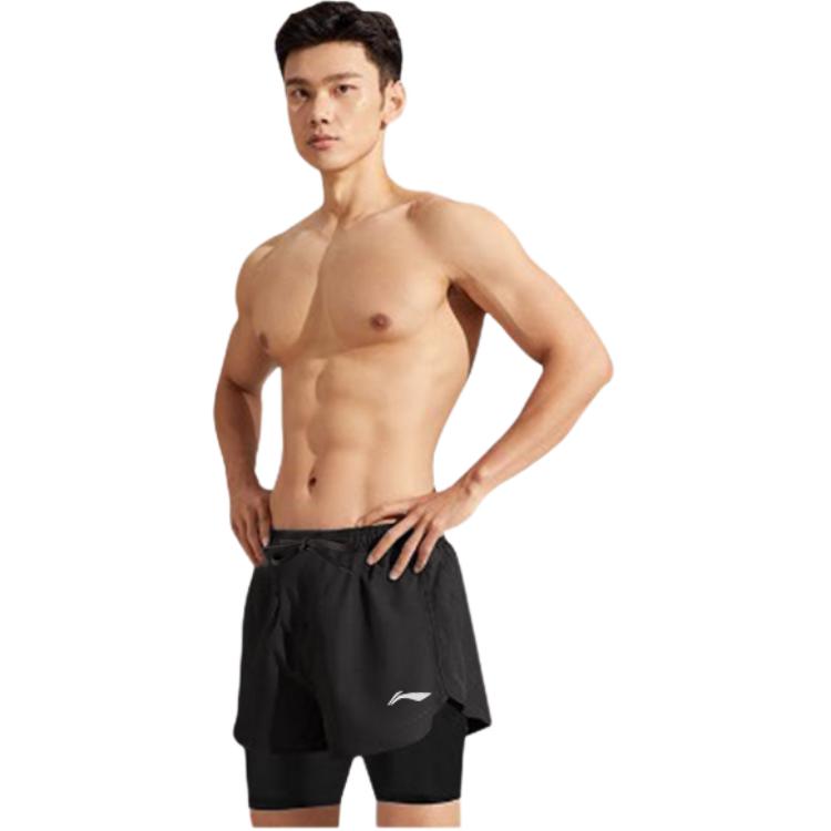 Li-Ning Quick-Dry Double-Layer Anti-Embarrassment Hot Spring Leisure Beach Shorts Unisex Shorts Black LN-LSKV607-1