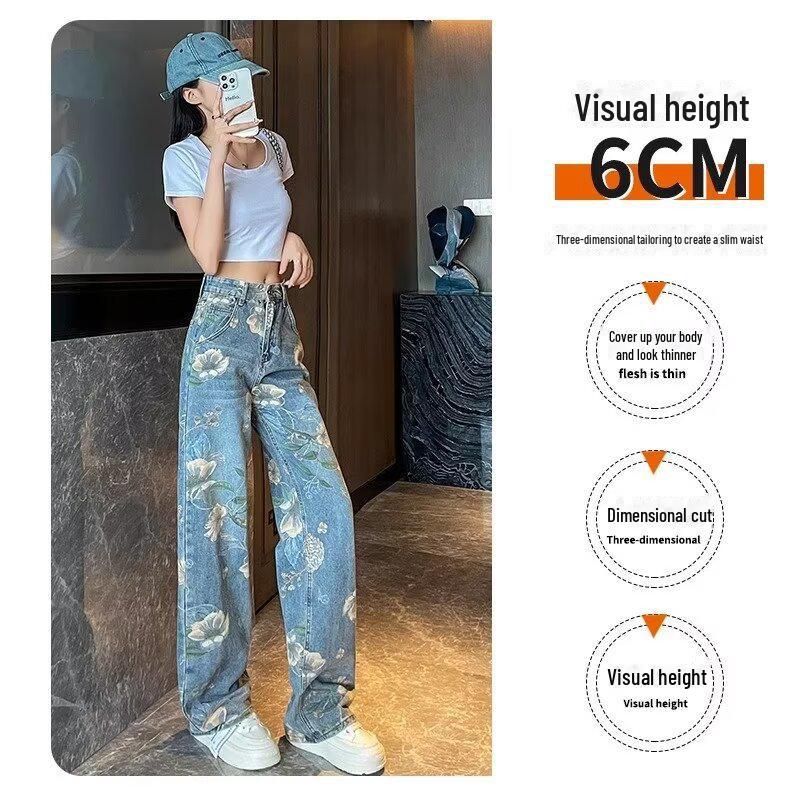 Women's Retro Floral Wide-Leg Printed Jeans - Summer 2024 Collection