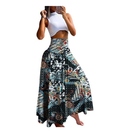 Women Maxi Skirt High Waist Wide Elastic Waist A-Line Retro Printed Skirt Summer Loose Fit Long Skirt Streetwear