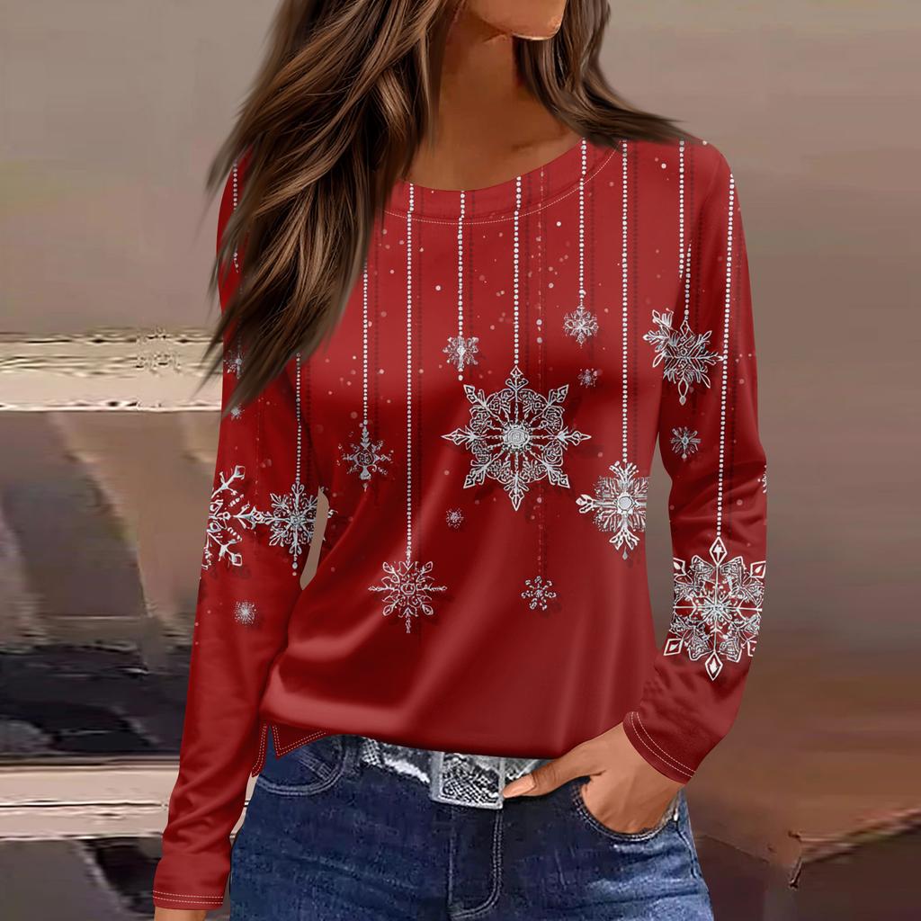 Women's Fashion Hem Slit Casual Christmas Printed Round Neck Long Sleeve Top
