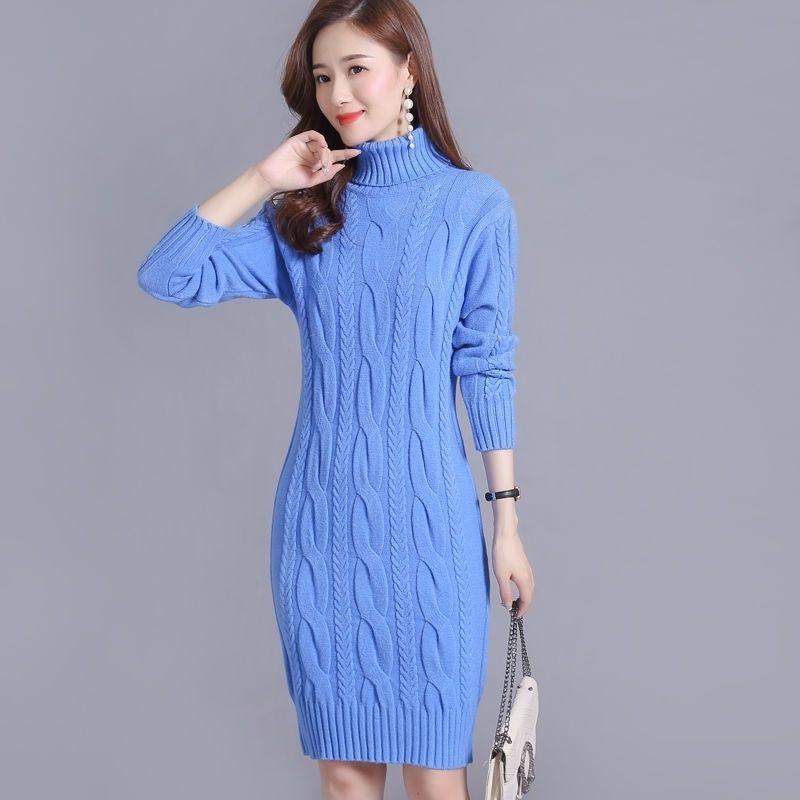 Нет Бархата Осень Зима Новый Утолщенный Высокий Воротник Женский Свободный Средней Длины Базовый Свитер Юбка