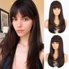 Natural Dark Brown Long Straight Layered Wig with Bangs Synthetic Fiber Daily Wear Long Natural Wavy Wig