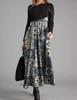Women's Long Sleeve Black Top with Printed Maxi Skirt Dress, Bohemian Floral Geometric Pattern, Multiple Color Options