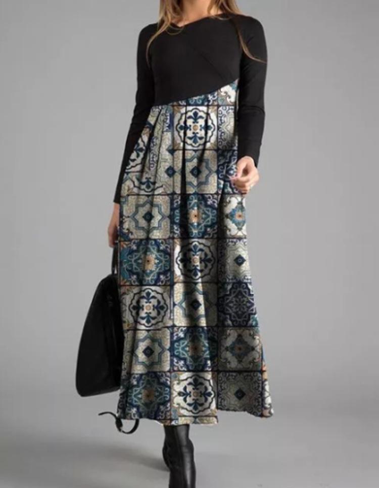 Women's Long Sleeve Black Top with Printed Maxi Skirt Dress, Bohemian Floral Geometric Pattern, Multiple Color Options