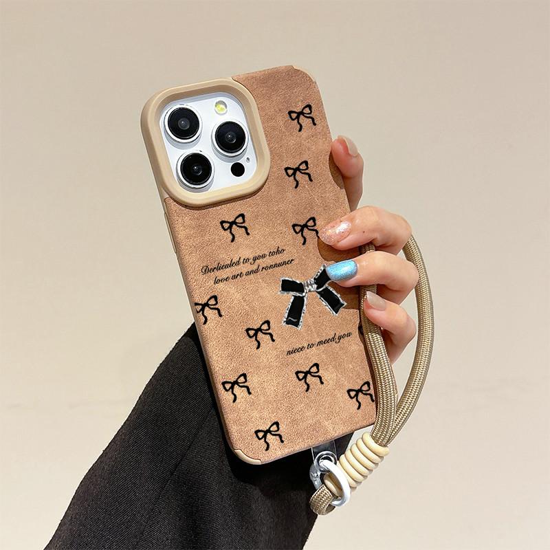 Black Bowknot Patterned Printed Leather Case + Lanyard Wrist Strap Protective Shell Soft Silicone Case for iPhone