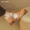 2024 Summer New Genuine Leather Rome Sandals Women Buckle Solid Square Med Heels Shoes Summer Ladies Dress Shoes Heels Women