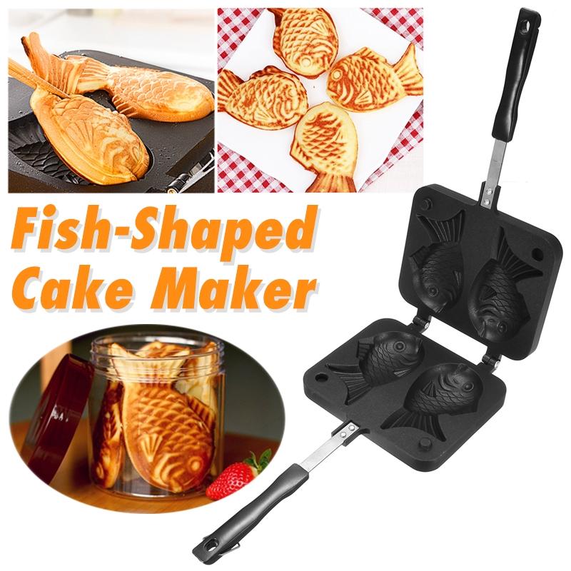 Japanese Non-Stick Taiyaki Fish-Shaped Bakeware Waffle Pan Maker 2 Molds Cake Baking Tools