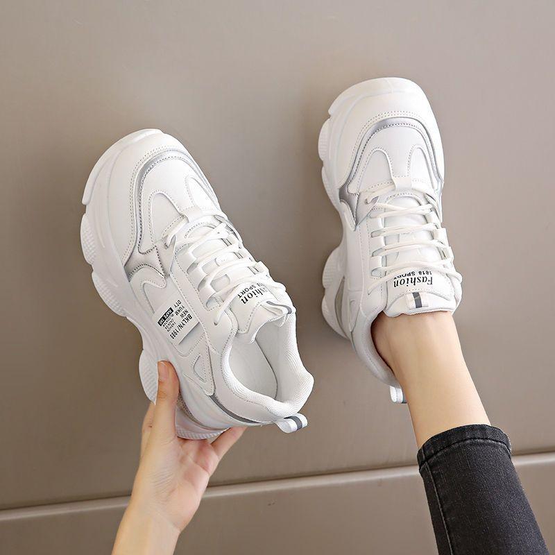 Chunky Platform Sneakers for Women Lace-Up Air Cushion Vulcanized Shoes Female Pu Leather Thick Bottom Non-Slip Sports Shoes
