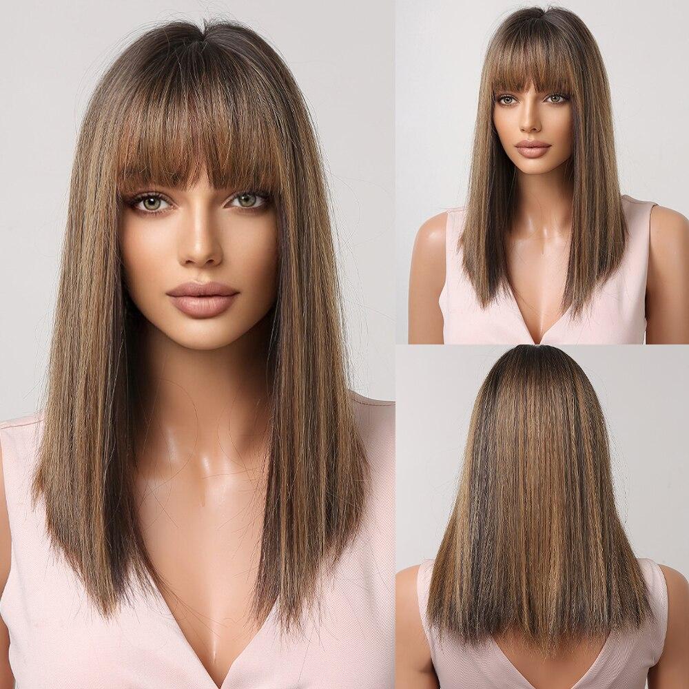 Long Brown Straight Layered Wig with Bangs Natural Looking Soft Synthetic Wigs Daily Party Use Fake Hair High Temperature Fiber