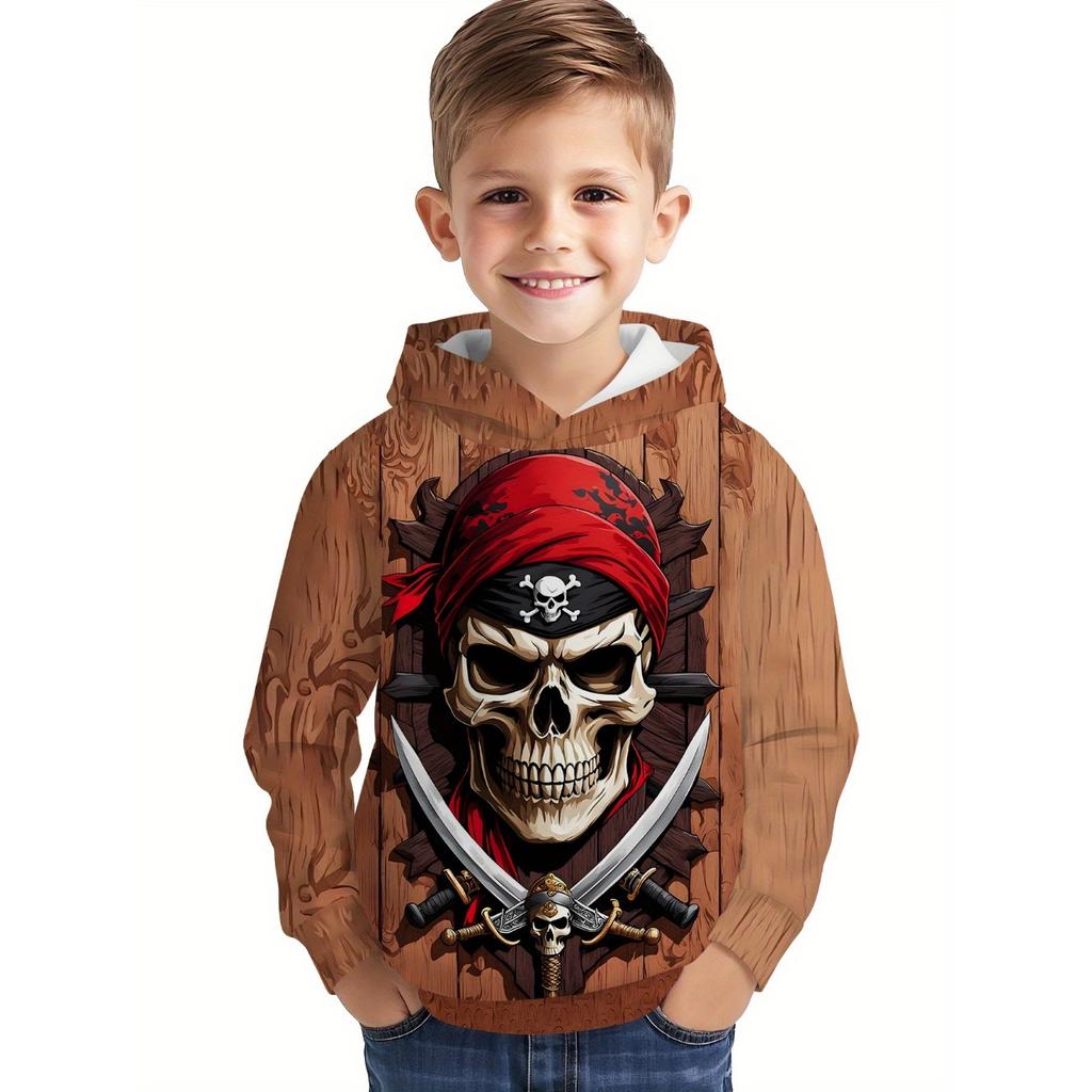 3D Digital Printed Pirate Skull Pattern Hoodie, Fashionable and Trendy Casual Children's Clothing, Suitable for Boys To Go Out, the Perfect