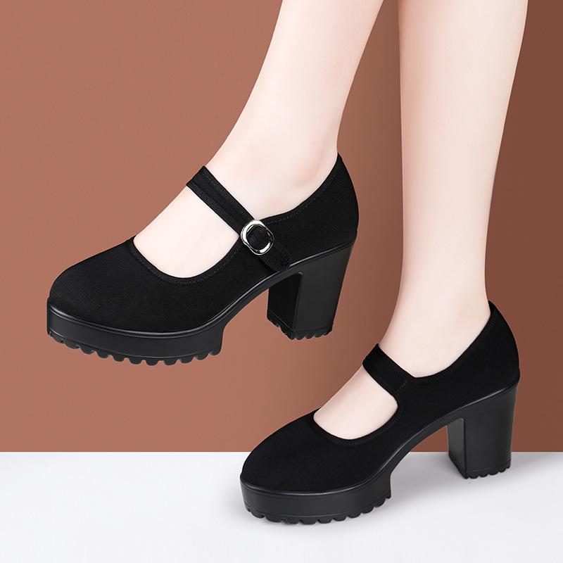 High Heels Thick Soled Women's Cloth Shoes Women Black Platform Pumps Anti Slip Dance Work Shoes Breathable Comfort Mother Shoes