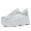 7cm Women's Casual Shoes Soft Bottom Thick Heel Inner Heightening Breathable Mesh Upper Diamond Decorated Flat Footwear