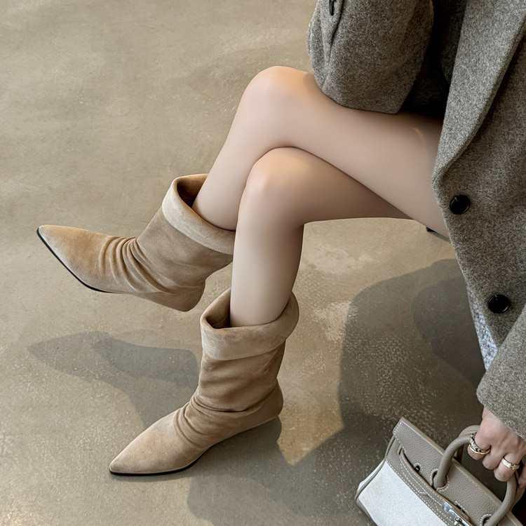 New Style Luxury Women's Flats Women's Boots Pointed Toe Designer Mid Calf Shoes Winter Fad Boots Trend Gladiator Walking Boots