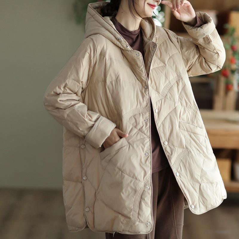 Winter Loose Hooded Medium and Long Down Jacket, Thin and Versatile Warm Single-breasted White Duck Down Women's Jacket