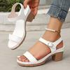 Fashion One Strap White Thick Heel Sandals for Women Lightweight Pu Leather Ankle Buckle Sandles Woman Plus Size Summer Sandalias Mujer