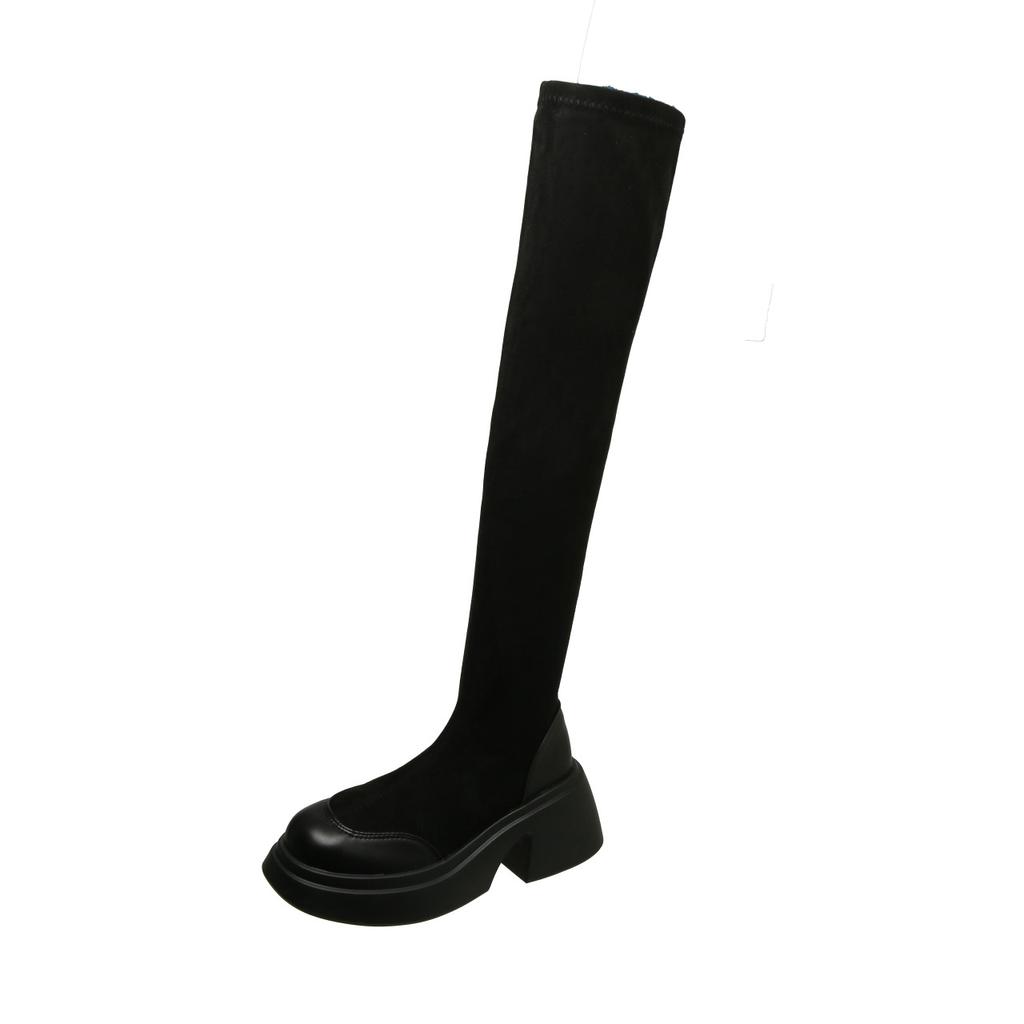 Women Long Sock Boots Autumn Winter Black Thick High Heel Round Head Elastic Stocking Boots Platform Slip On Casual Botines