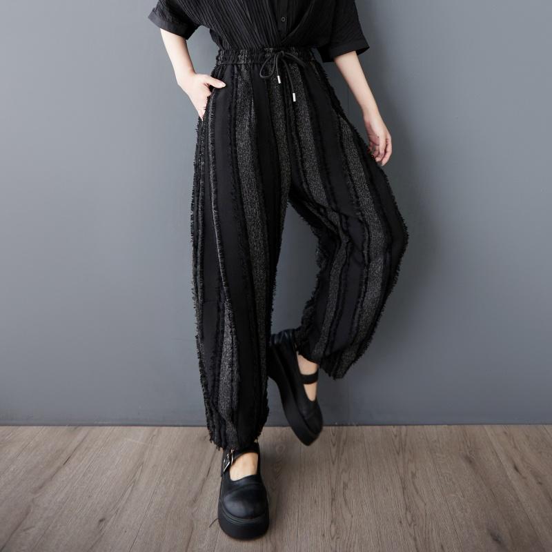 Plus Size Black Vintage Stripe Patchwork High Waist Casual Loose Summer Harem Pants Women Trousers