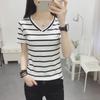 2025 Women's Black & White Striped V-Neck Short-Sleeve Slim T-Shirt