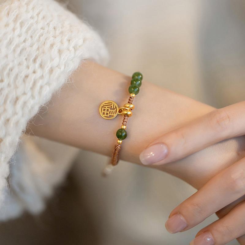 New Round/Chinese Character Natural Hetian Jade Lucky Charm Woven Braided Bracelets For Women Girls Fine Jewelry