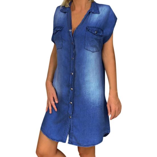 Women Dress Elegent Beauty Lady Dress Collar Splicing Summer Midi Long Lady Pocket Button Denim Loose Lapel Dress