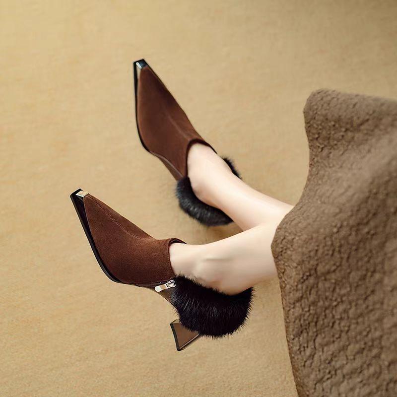 Fashion Autumn New Coarse Heel Shoes Women Fashion Metal Pointed Side Zipper Anti-slip Wear-resistant Plush Low-top Shoes