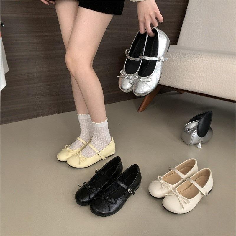 Inner Height-increasing Silver Bow Mary Jane Single Shoes Women's Shoes Spring and Autumn New Ballet Shoes