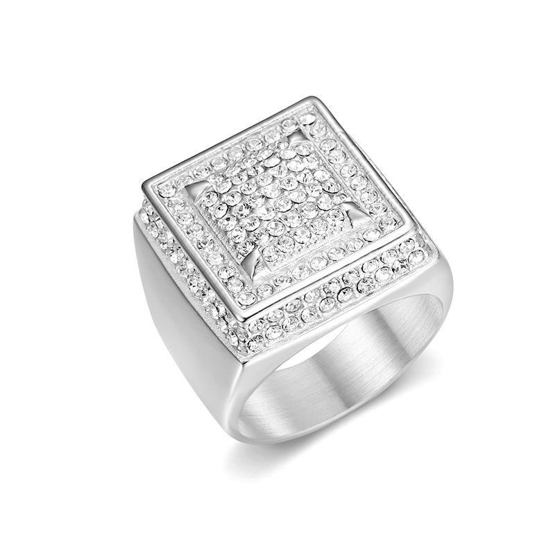 HIP Hop Bling Iced Out Gold Silver Color Stainless Steel Geometric Square Rings for Men Rapper Jewelry Size 7-13