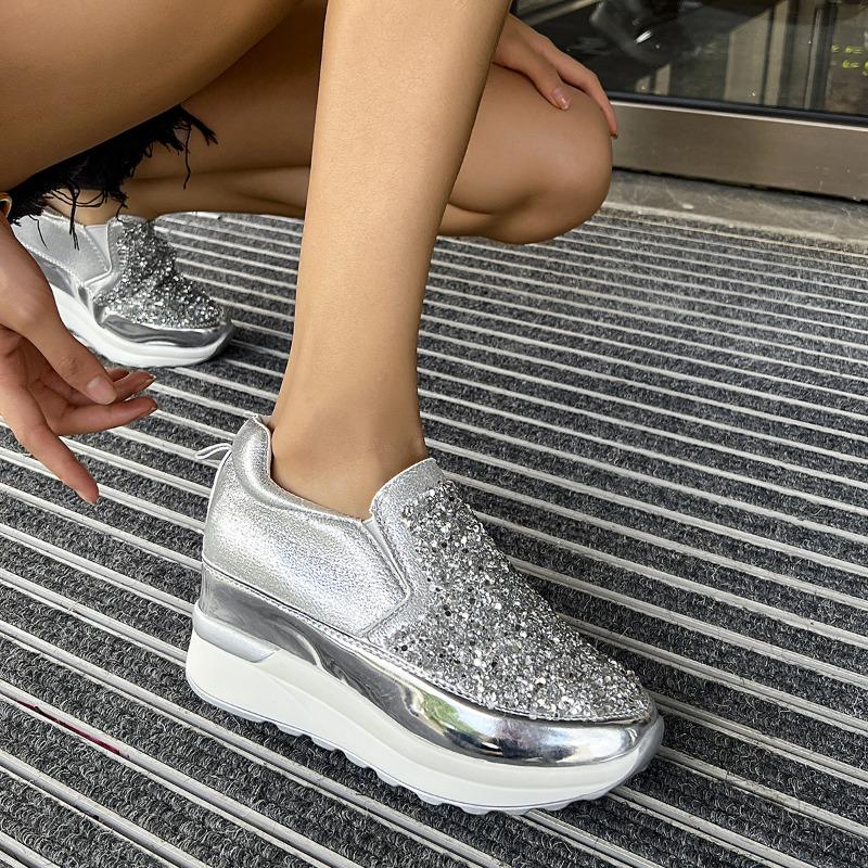 Spring and Autumn New Thick-soled Casual Single Shoes Pointed Inner Height Increase Black Glossy Women's Shoes Sequined Lazy Shoes Women