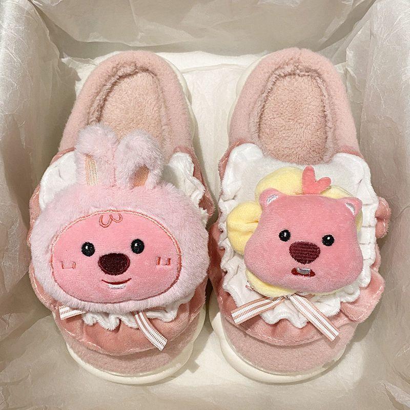 Women Slippers Cartoon Cute Cotton Slippers Thick Bottom Mute Home Warm Skin-friendly Plush Winter Fur Slippers Female Winter