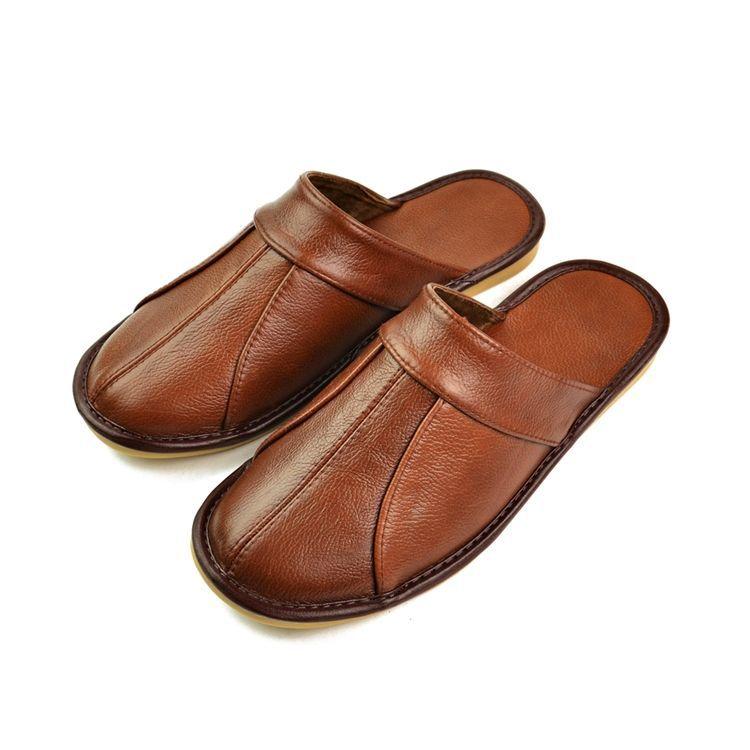 Cow Split Leather Handmade Men Home Slippers Spring Slip On Soft Comfortable Black Brown Bedroom Indoor Flat Men Shoes