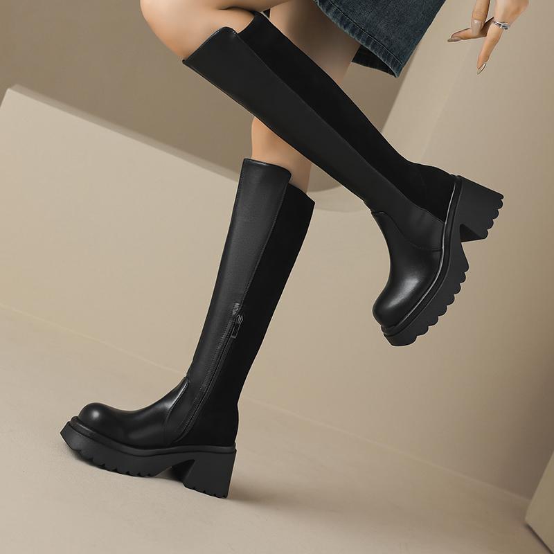 Krazing Pot Microfiber Autumn Winter Shoes Patch Work Platform Boots Round Toe Keep Warm Thick Bottom Thigh High Boots