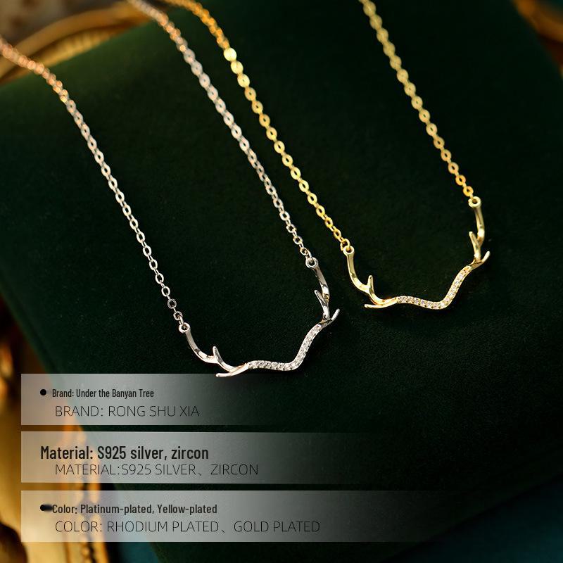 Banyan Tree S925 Silver Deer Antler Necklace with Diamond - Women's Fashion Clavicle Chain Holiday Gift