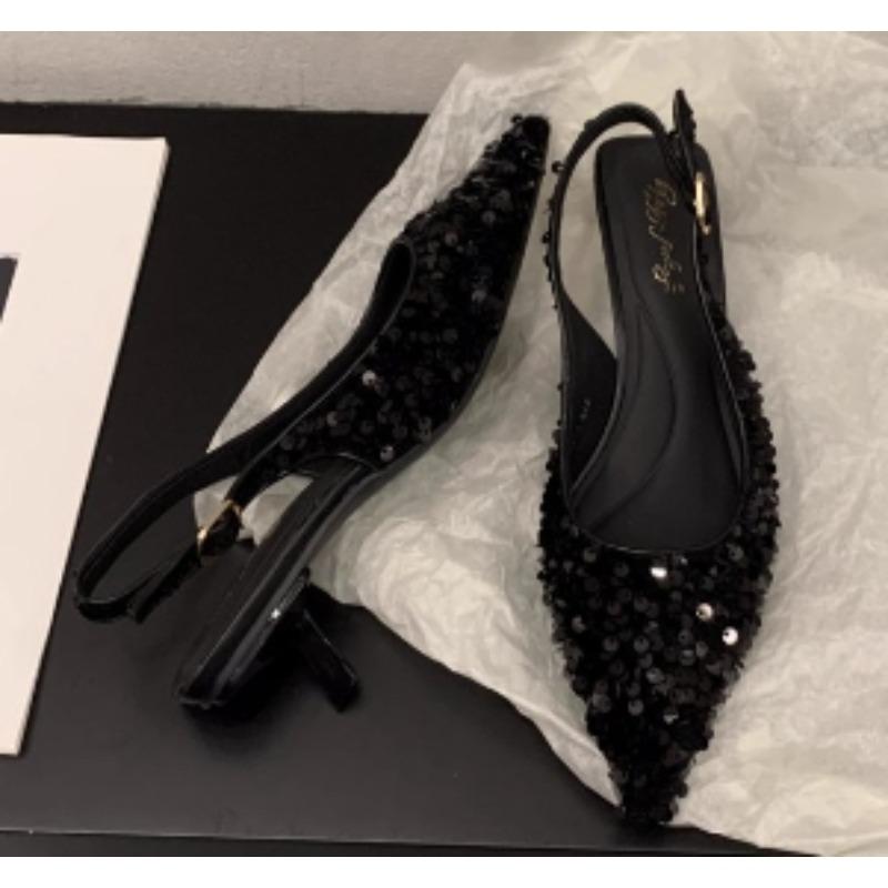 New Style Luxury French Pointed Sandals Burgundy Patent Crisscross Straps Metal Decor Slim Heels Open-Back Fairy Sandals