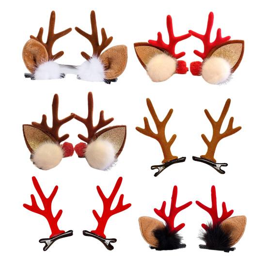 1 Pair Reindeer Antler Hair Clips for Christmas Fluffy Ear Headband with Pom Poms Festive Girls Hair Accessories Gift for Women Kids