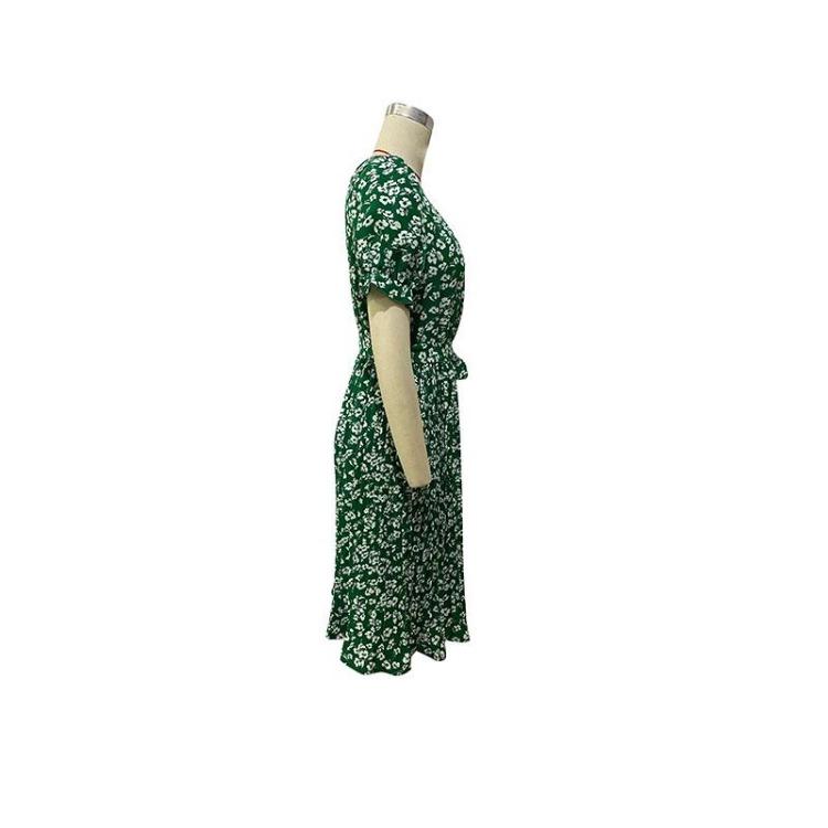 Women Summer Green Floral Print Pleated Dress Short Sleeve O Neck Lace Up