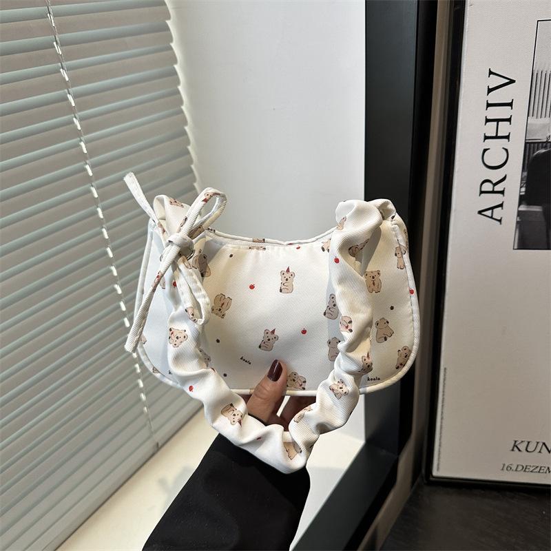 Japanese Sweet Foreign Niche Design Handbag Simple Shoulder Underarm Bag New Printed Pleated Crescent Bag