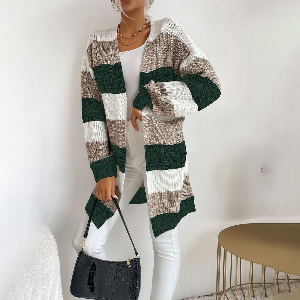 Women's Fashion Loose Early Autumn New Mid-length Knitted Cardigan Japanese Striped Color Matching Sweater Jacket
