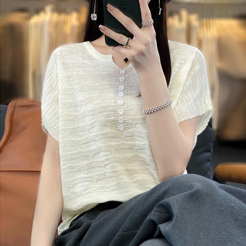 Summer Women T-shirt Loose Casual Solid Color Ice Silk Short Sleeve Loose Knit Top