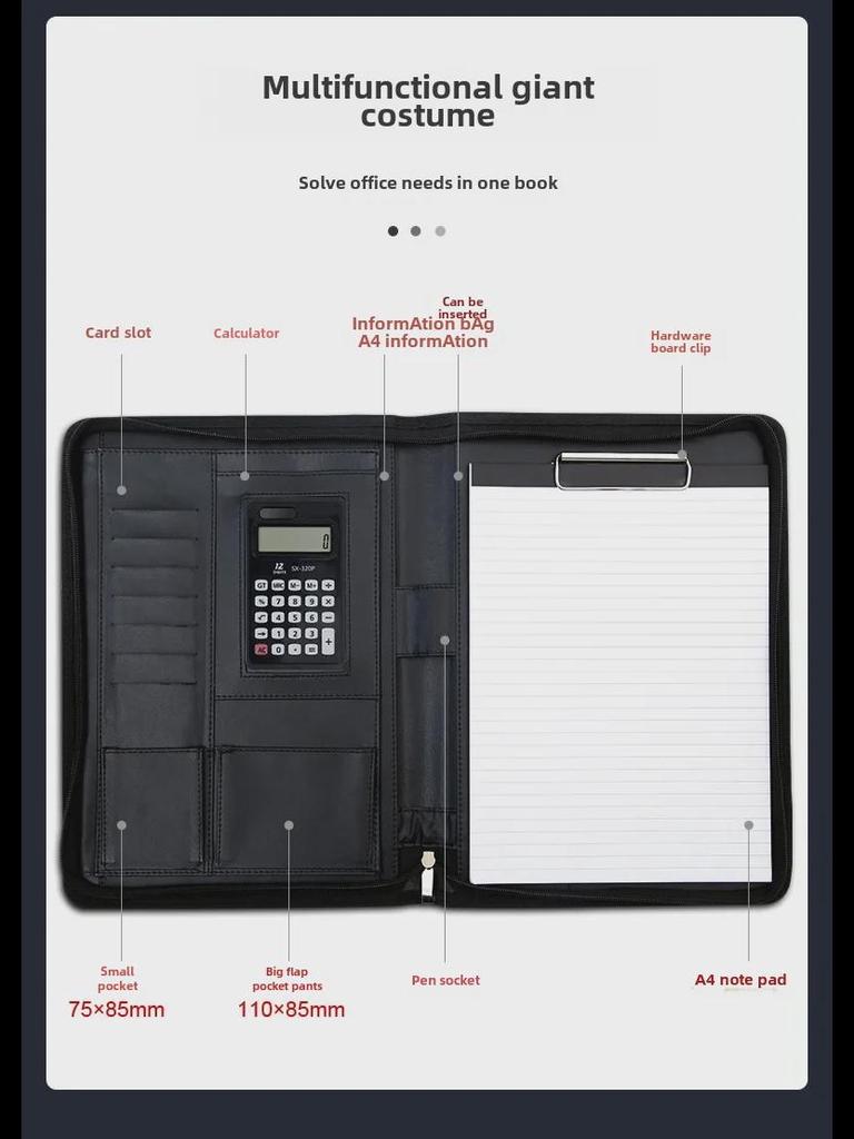 A4 Leather Multifunctional Zipper Folder: Business Notepad & Document Storage Briefcase