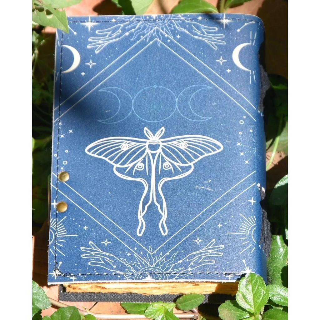 Blank Spell Book of Shadows Vintage Handmade Leather Journal Luna Moth Print 7X5