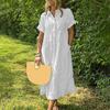 Striped Lapel Button Down Shirt Dress with Pockets Summer Casual Short Sleeve A-line Long Shift Beach Dress for Women